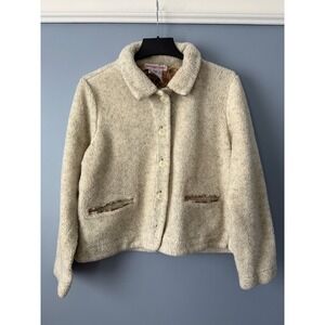 Cambridge Country Fleece Jacket‎ Women's Size L Cream Tapestry Trim Button Front